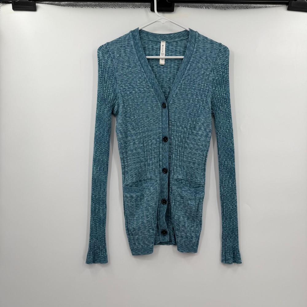 Athleta Cardigan Blue Space Dye Ribbed Knit V-Neck Sweater Small